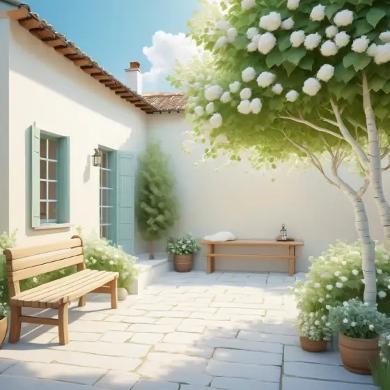 Poplar fluff drifting over a cozy courtyard